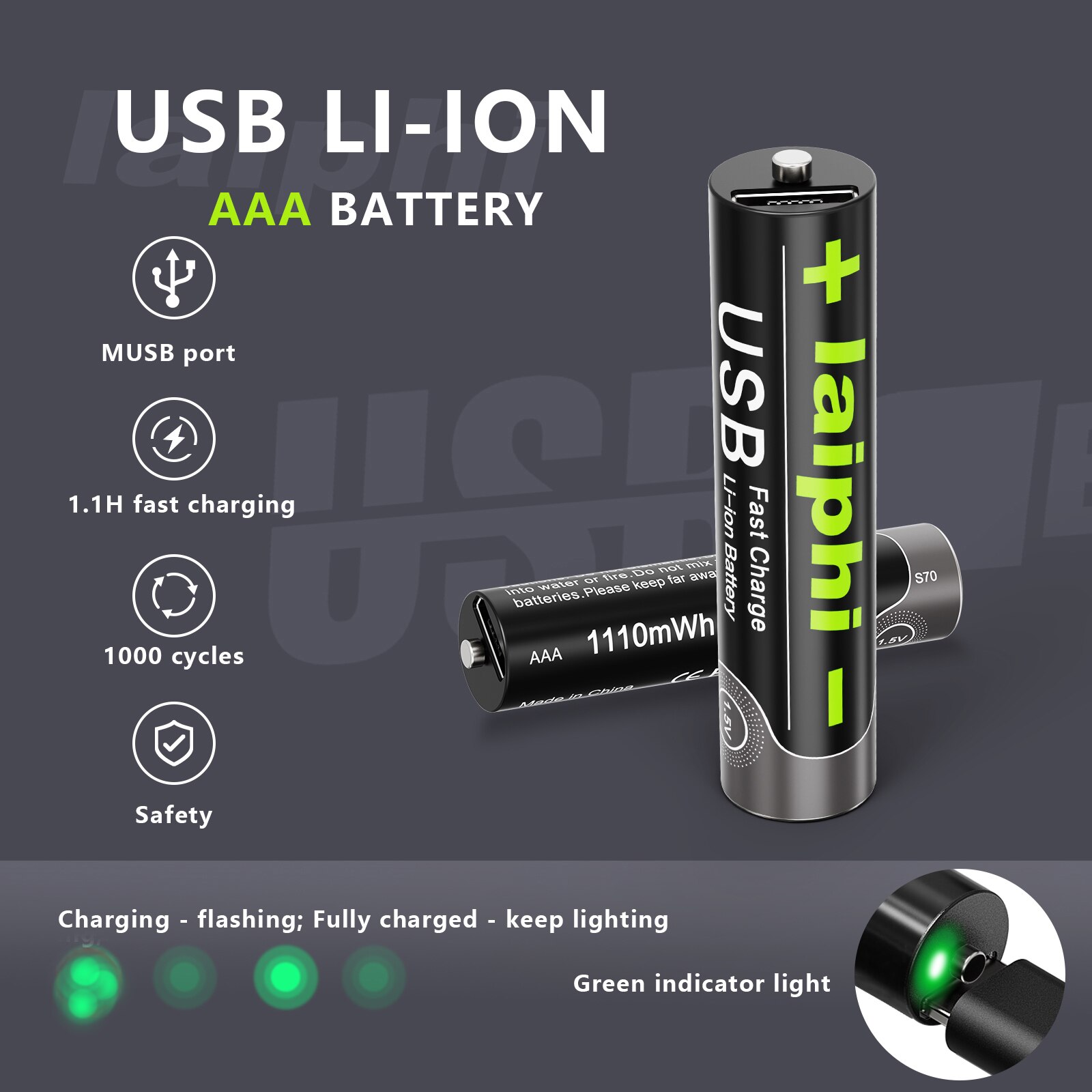 Laiphi-Batería de polímero de litio recargable por USB, Pila de li-ion de alta capacidad, AAA, 1,5 V, 1100mwh