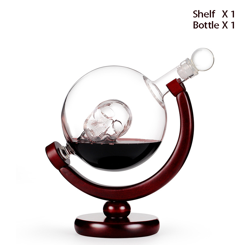 Skull Heads Decanter Set with Lead-free Carafe Exquisite Wood-stand and 2 Whisky Glasses, Whiskey Decanter Grade: Shelf and bottle