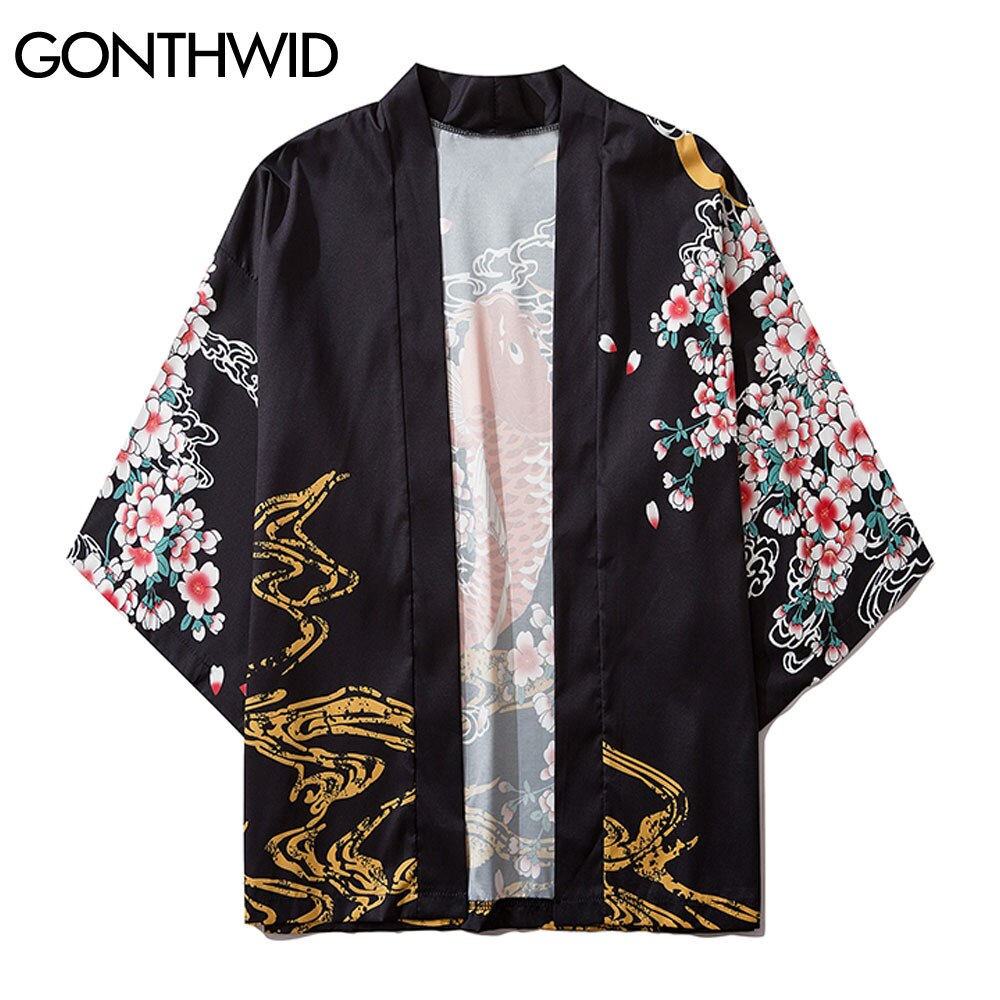 Gonthwid kimono neuletakki takit paidat miesten karppi kala koi kirsikankukkia print japanilainen avoin etupaita causal yukata topit