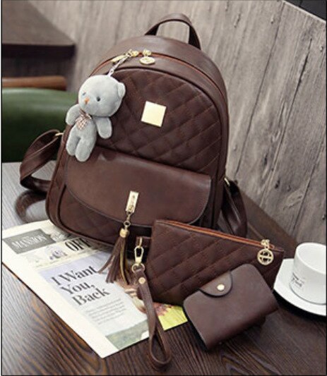 Rusoonnic Women Composite Bag Pu Leather Backpack School Bags Mochila Feminina Rucksack: brown