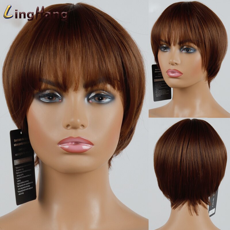 LINGHANG Short Brown Black Straight Wig Pixie Hair Cut Style Wigs For Women Synthetic Hair High Temperature Fiber: 30-33