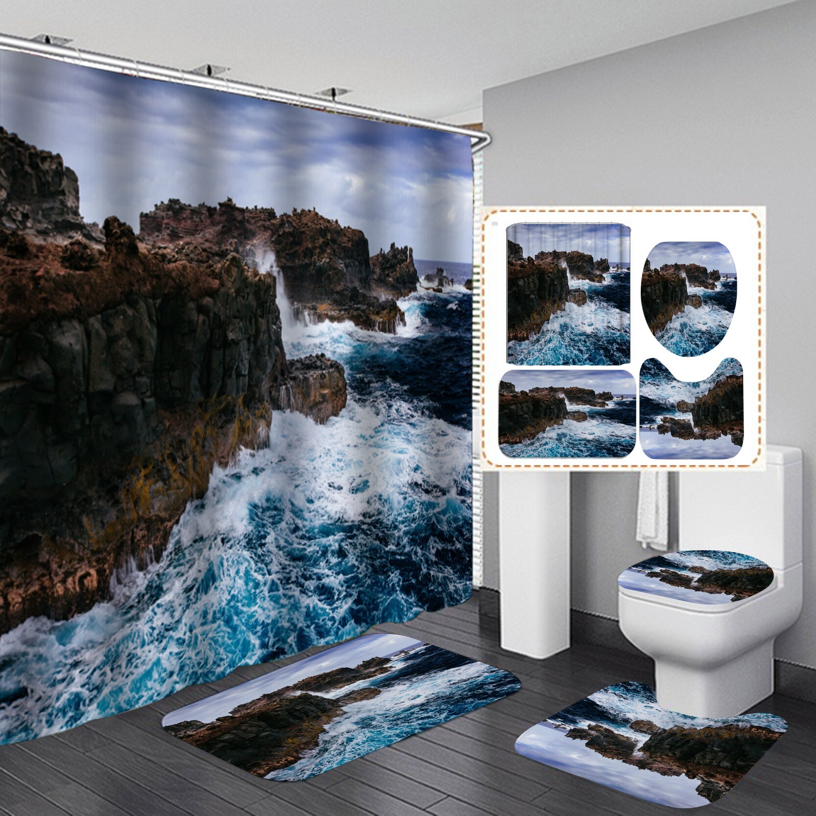 Coastal Strand Landschap Gedrukt Patroon Douchegordijn Voetstuk Tapijt Deksel Wc Cover Mat Badmat Set Badkamer Gordijnen Met Haken: P 4PCS