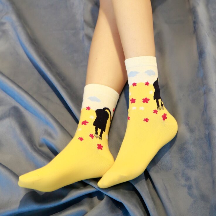Cute Cat Women Socks Middle Tube Cartoon Cotton Socks for Girls