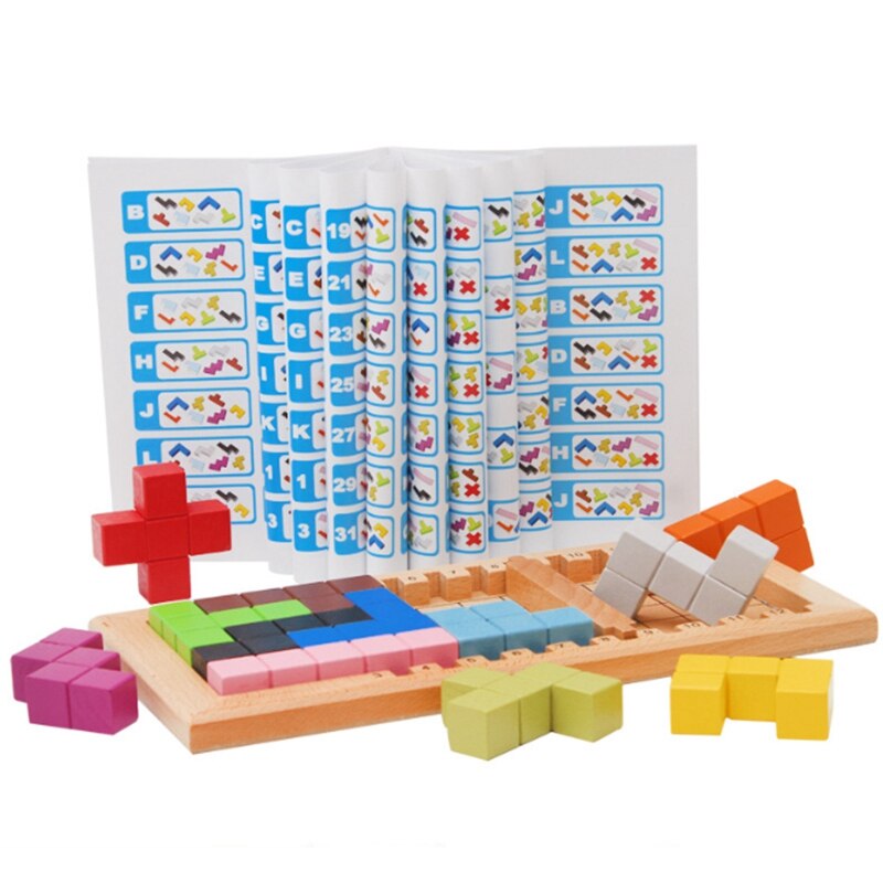 Colorful 3D Puzzle Wooden Tangram Math Toys Tetris Game Children Pre-school Magination Intellectual Educational Toy for Kids