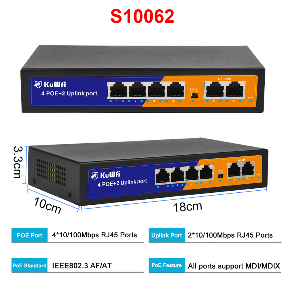 Switch Ethernet PoE KuWFi de 4/8 Portas, 2 Portas Uplink, Alcance de 250m, Não Gerenciado, Plug & Play para Câmera IP, Laboratório Doméstico, Roteador: BRANCO