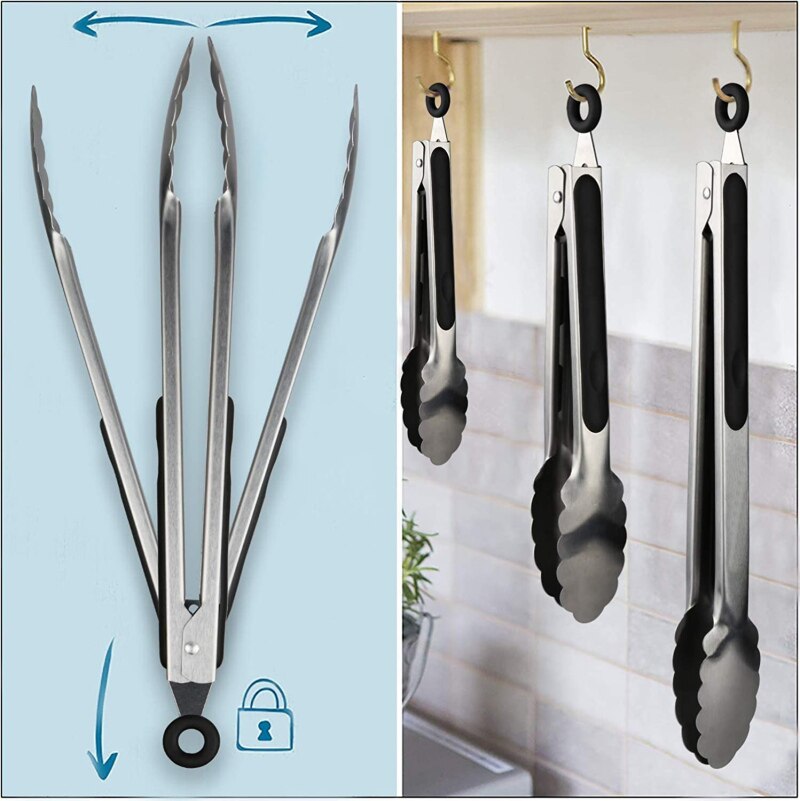 ANAEAT Premium Stainless Steel Kitchen Tongs Locking Metal Heavy Duty Food Tongs BBQ Grilling Non-Slip Grip Cooking