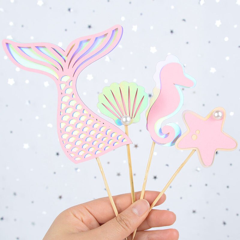 Adornos para pastel de cola de sirena y estrella de mar, decoración para de cumpleaños para niños, decoración para cupcakes, suministros para Baby Shower y boda, 4 unids/set por Set: set1