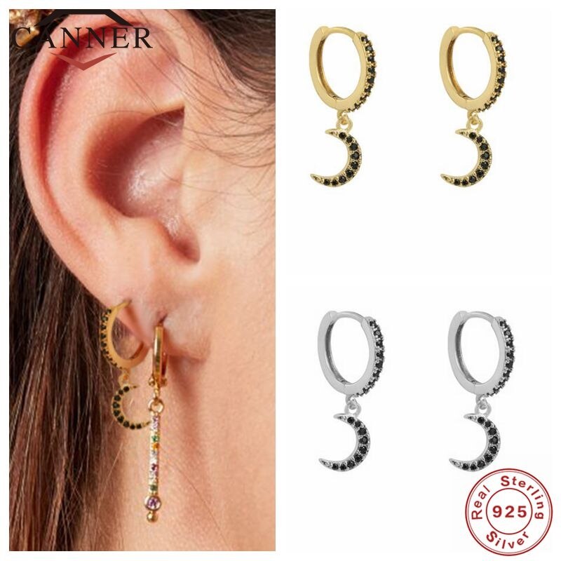 CANNER Luxury Black Zircon 925 Sterling Silver Hoop Earrings Circle Round Huggie Earring For Women Earings Jewelry