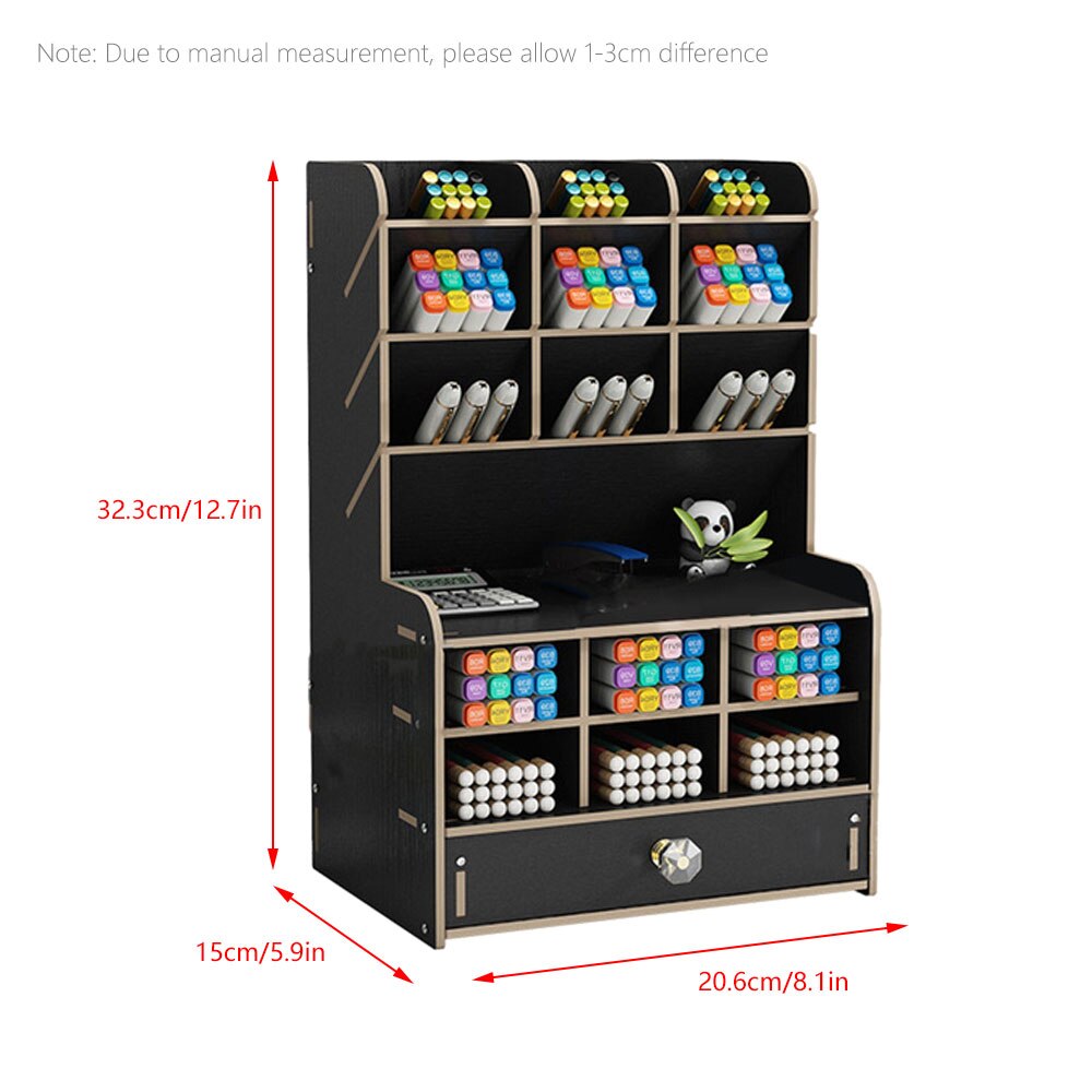 Desk Organizer Multi-Functional Wooden DIY Pen Holder Ox Desktop Stationary Home Holder Office Desktop Storage Shelf: Black