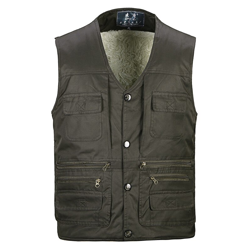 Winter Fleece Warm Vest Voor Mannen Herfst Mannelijke Casual Multi Pocket Fotograaf Mouwloze Jas Heren Vest Met Veel Zakken: Army Green Vest / Xl