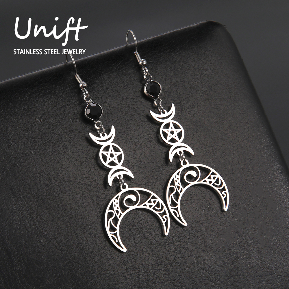 Unift Pendientes góticos de acero inoxidable para mujer y hombre, aretes de pentagrama de Triple runa, fase lunar, joyería Vintage, Piercing de oreja, nudo de bruja