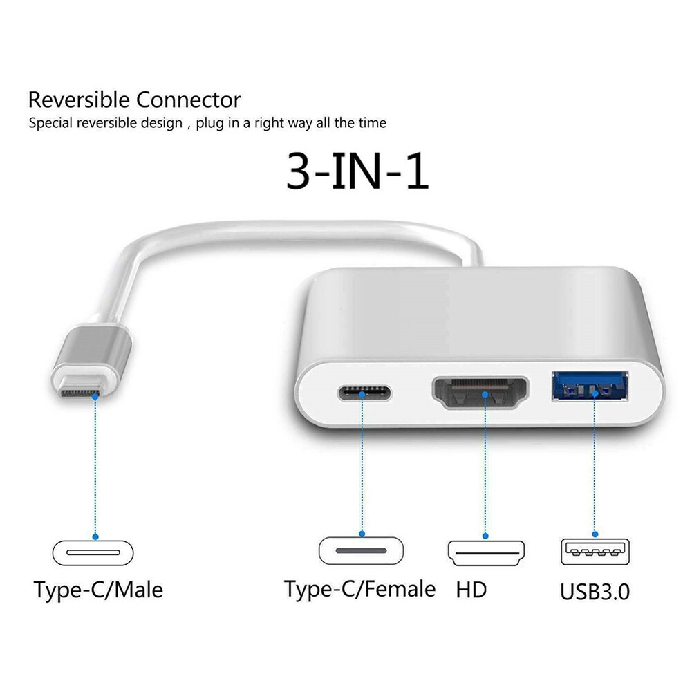 Usb Type-C Hub Adapter 3-In-1 Usb C Hub Naar Hdmi-Compatibel USB3.0 Type-C Vrouwelijke Adapter Met Opladen Converter
