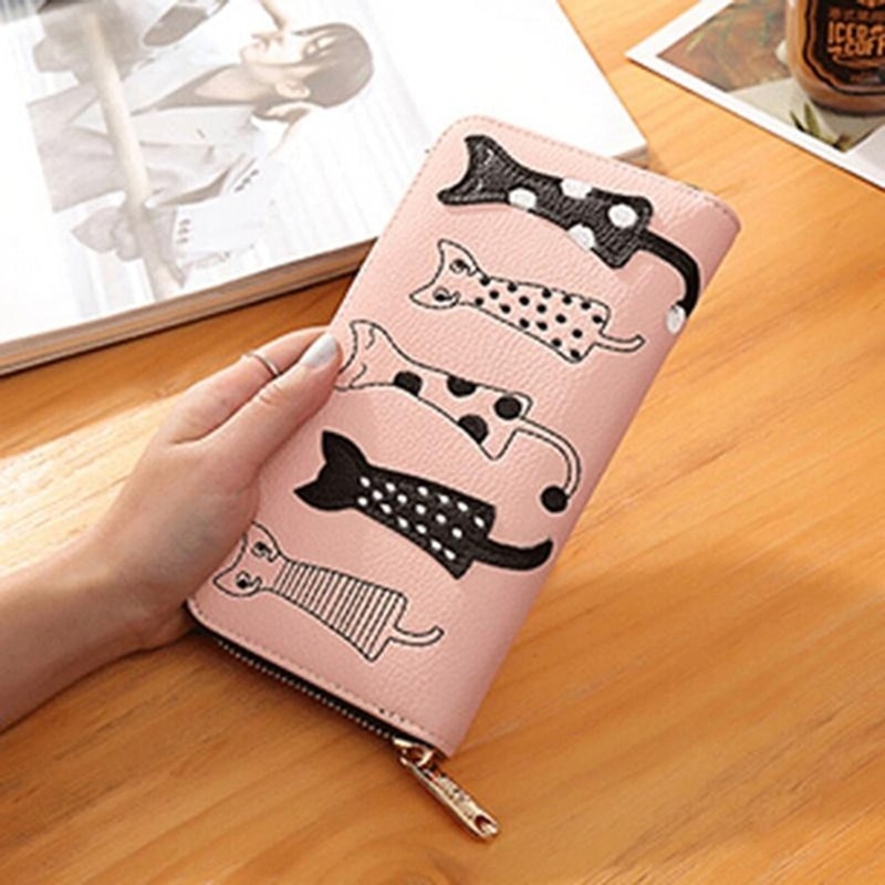 Delle donne Del Raccoglitore Sveglio Del Gatto Portafoglio Bifold Lunga Della Borsa con Chiusura Lampo Della Borsa Della Moneta Della Borsa Lunga