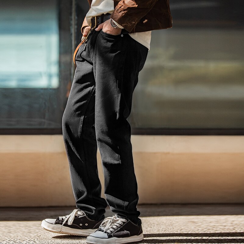 Maden-pantalones vaqueros holgados para hombre, Jeans de cintura media, negro puro americano, lavado con agua, bolsillo recto, estilo clásico, tanino