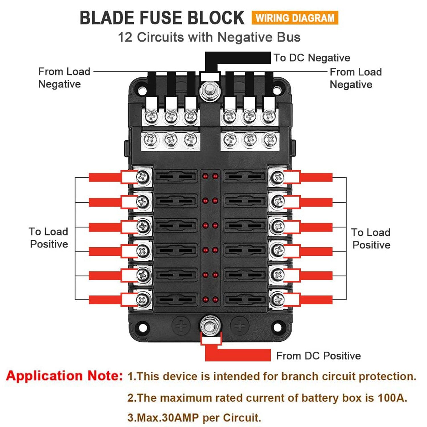 12-Way Blade Fuse Box Holder Block For Auto Car Boat Marine Trike Pickup Truck RV Bus Motorcycle Ship