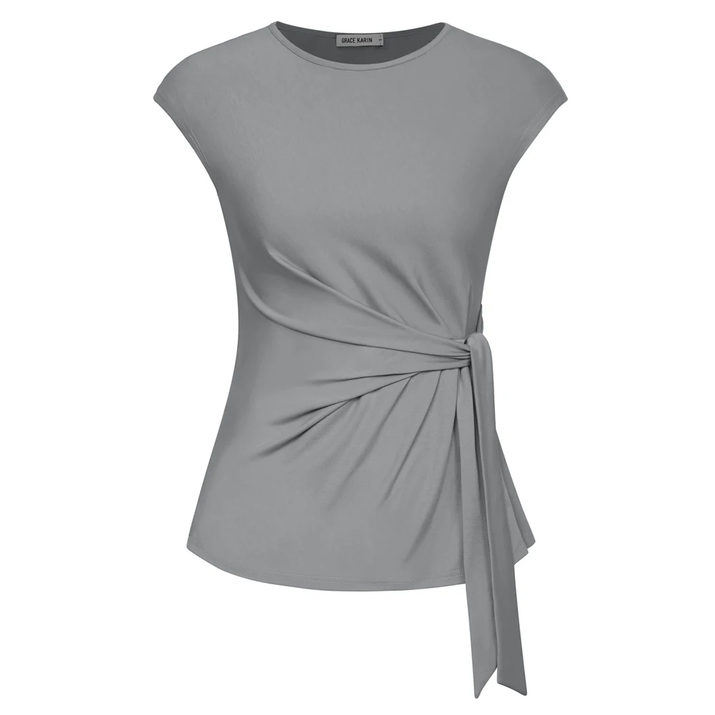 Gk kvinder bluser foran sløjfe knude dekorerede toppe klassiske kasketærmede rund hals pullover sommertoppe bluser femme