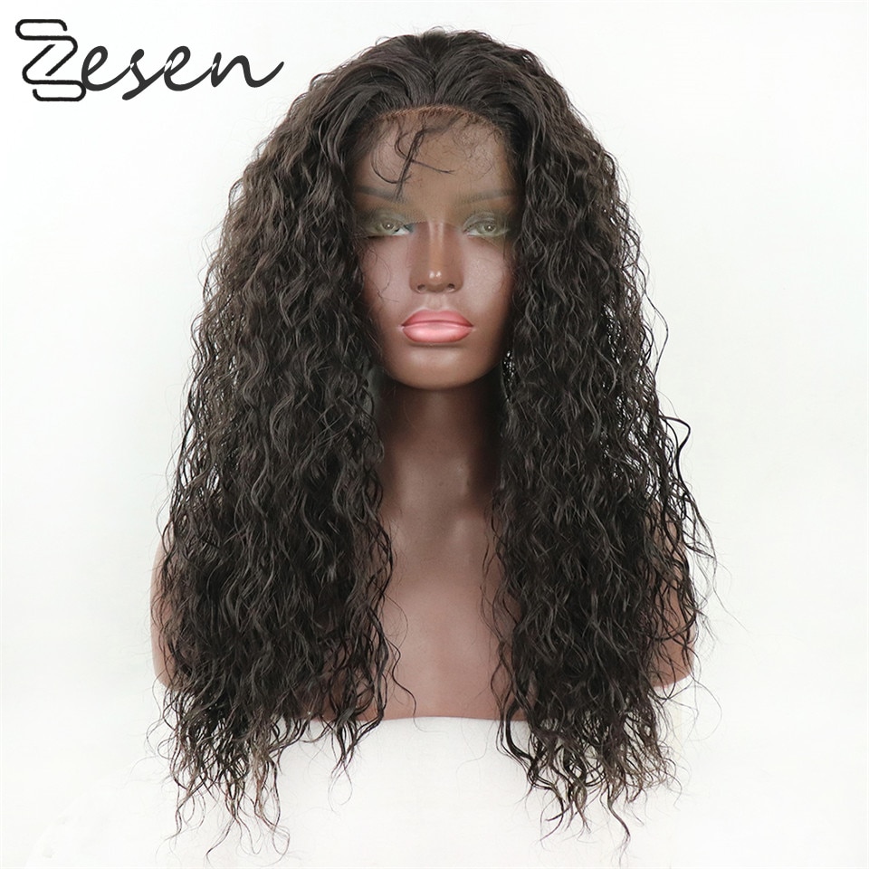 ZESEN13x4Dark-pelucas frontales de encaje sintético para mujer, pelo largo rizado suelto, resistente al pegamento, con línea de pelo Natural