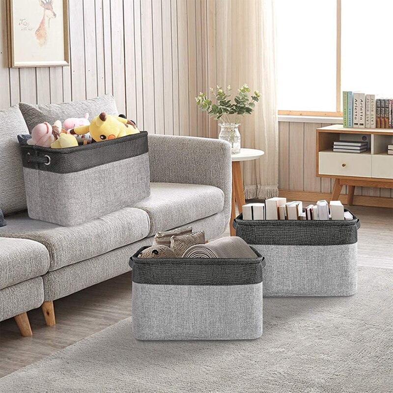 Storage Basket Bin , Large Cube Storage Box Linen Fabric Built-in Soft Lining Foldable Organizer with Handles
