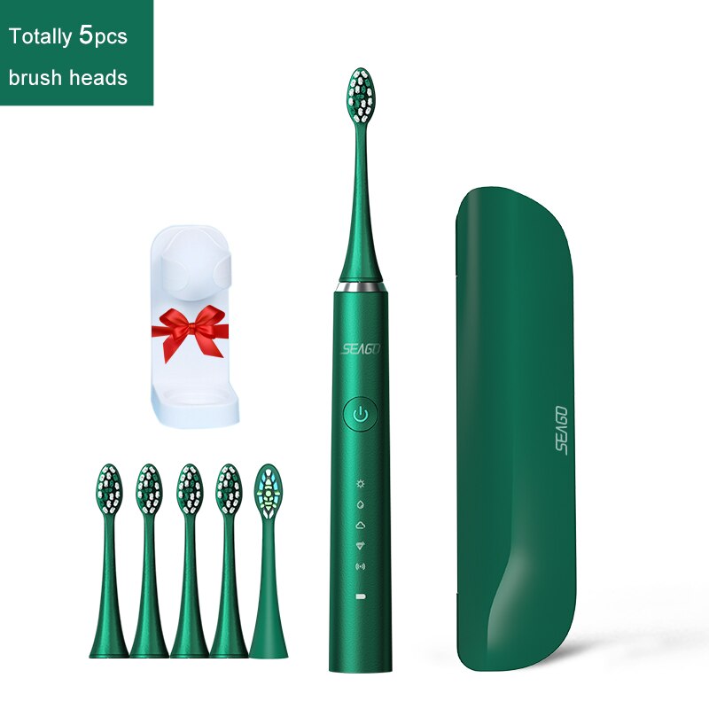 SEAGO – brosse à dents électrique Rechargeable pour adulte, sonique, étanche, 5 têtes, boîte de voyage, recommandé par le dentiste: Green