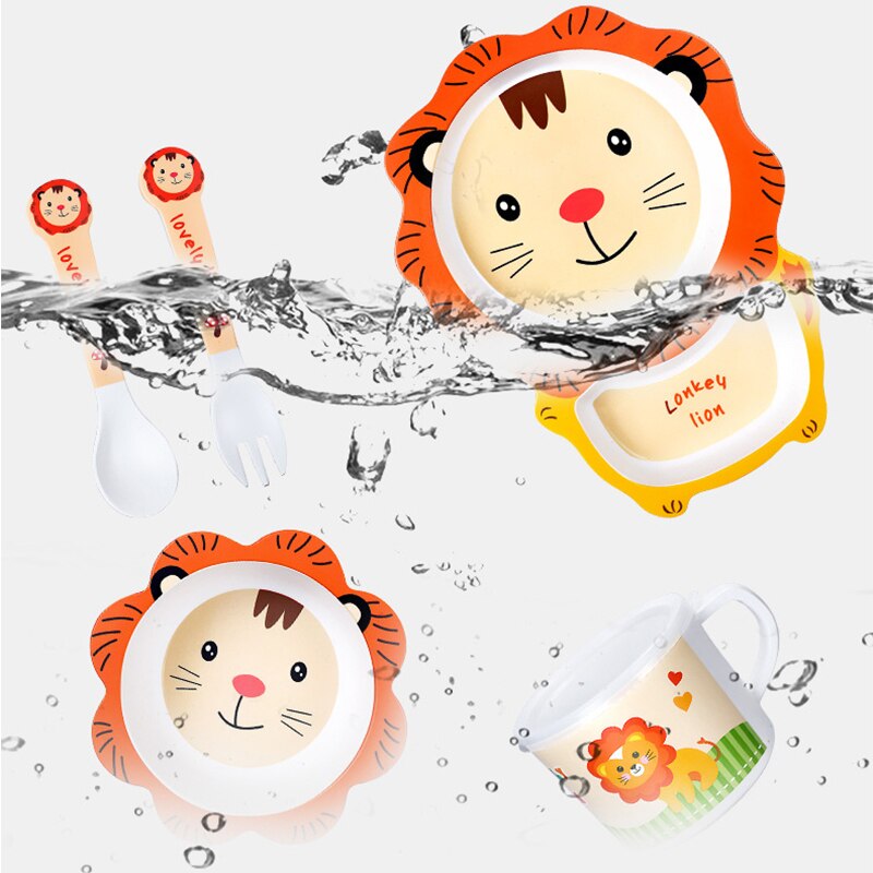 Baby Bamboe Kom + Lepel + Vork Feeding Servies Set Cartoon Aniaml Bee Kid Gerechten Bamboe Voeden Kom Diner plaat