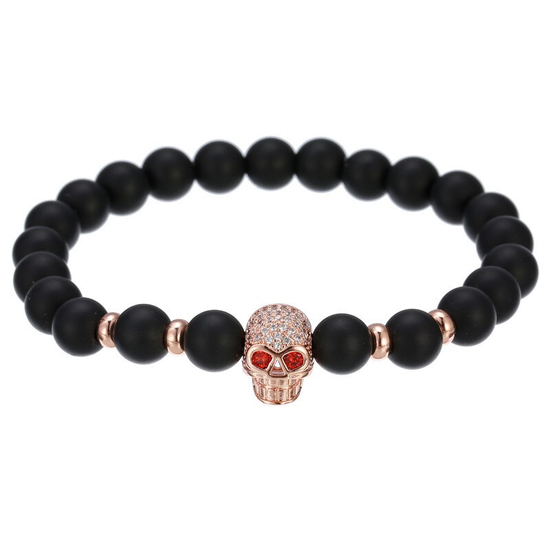 Pulsera de cobre hecha a mano para hombre y mujer, Micro CZ King crown, cuentas elásticas de 8mm, brazalete de joyería,: BA-014RG
