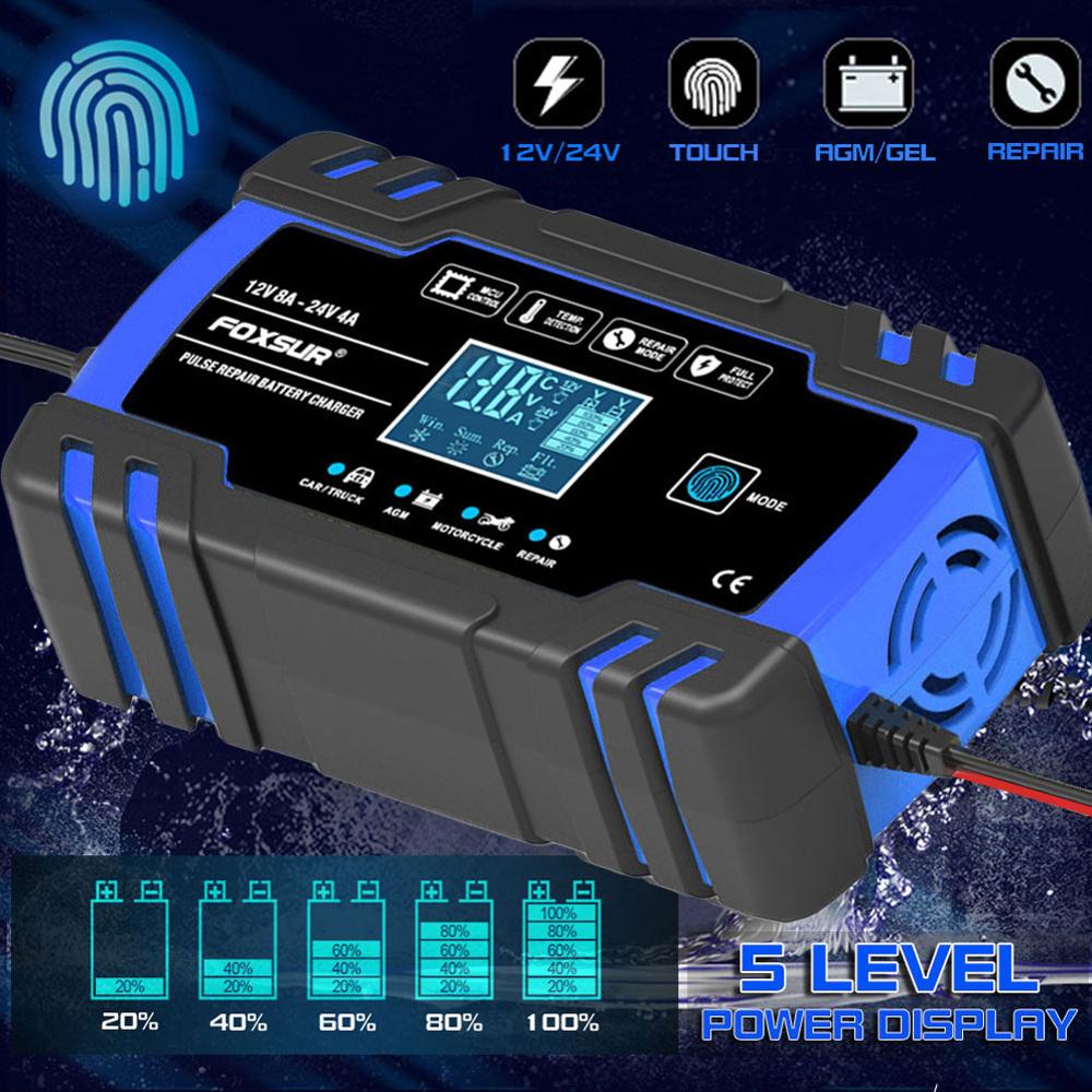 8 A Intelligent Car Battery Charger Pulse Repair Starter 12V/24V AGM/GEL Battery-chargers Digital LCD Display