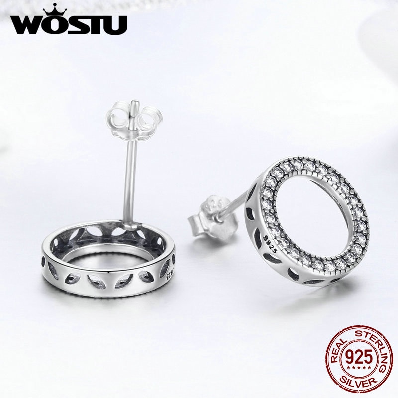WOSTU 925 Sterling Silver Glitter CZ Round Circle Stud Earring for Women Simple Wedding Engagement Earring Jewelry DXE417