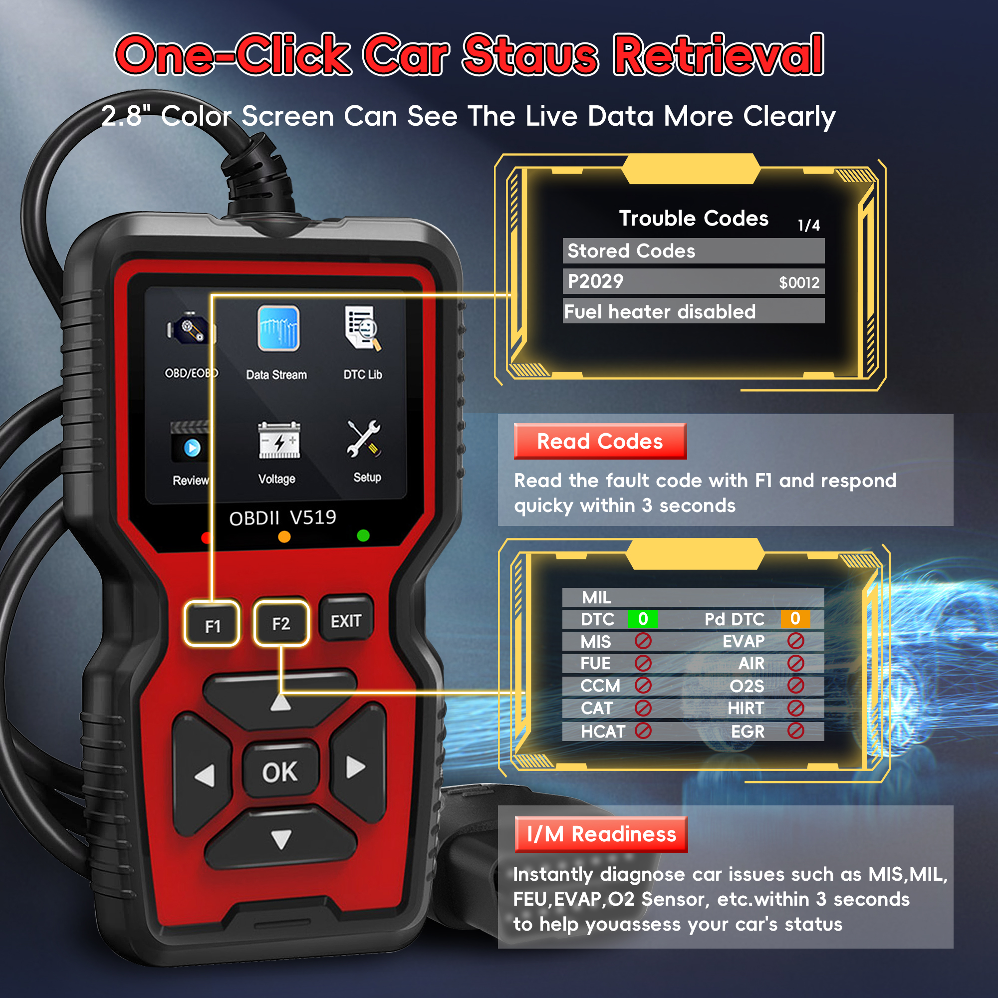 OBD2 Scanner Diagnostic Tool, Enhanced Auto Check Engine Code Reader with Reset, I/M Readiness OBDII/EOBD Car Diagnostic Scan To