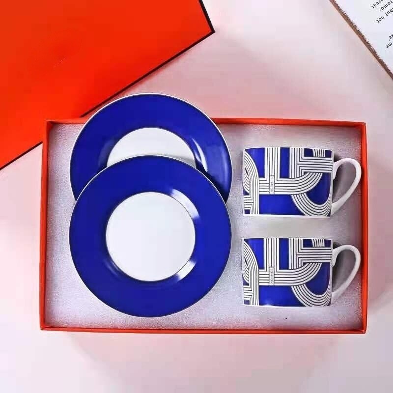 Runway Style Bone Ceramic European Style Western Condiment Dish Tableware Set Oval Shaped Rallye Plates Tea Cup Coffee Mug: Blue
