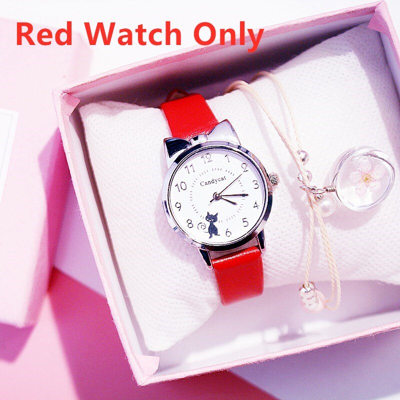 Studenten Kinderen Roze Horloge Meisjes Lederen Kind Kids Zwarte Kat Quartz Horloge Ronde Analoge Klok Horloges: Red Watch Only