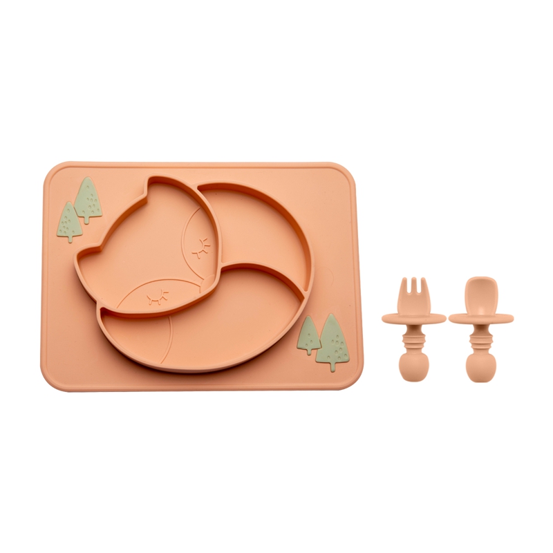 Juego de vajilla de alimentación para bebé, plato de comedor de zorro, cuchara de silicona, tenedor, impermeable, sin BPA, tazón de silicona de grado alimenticio, 3 unids/set: orange set