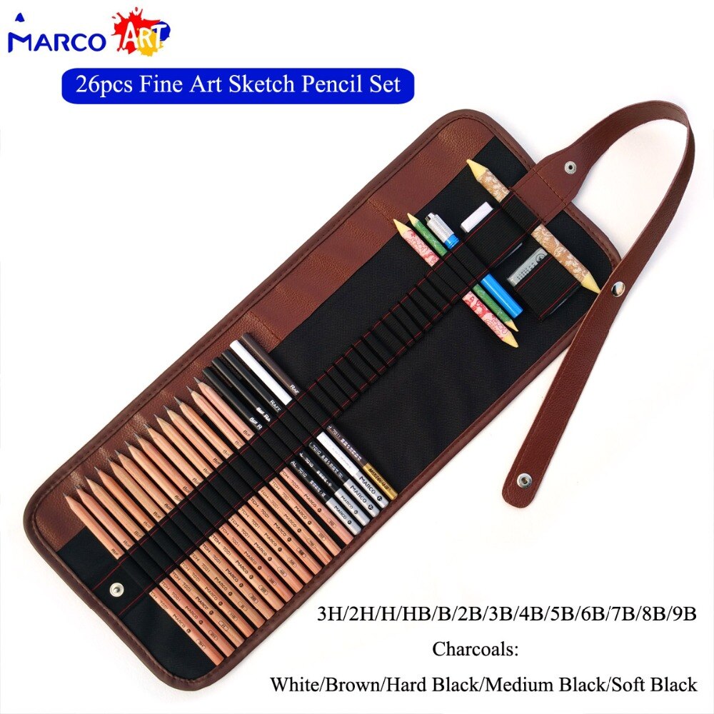 Marco Professionele 26Pcs 3H-9B Potlood Schets Potloden Kunstenaar Houtskool Pastel Potlood Met 36 Gaten Canvas Roll Up Potlood Tas case