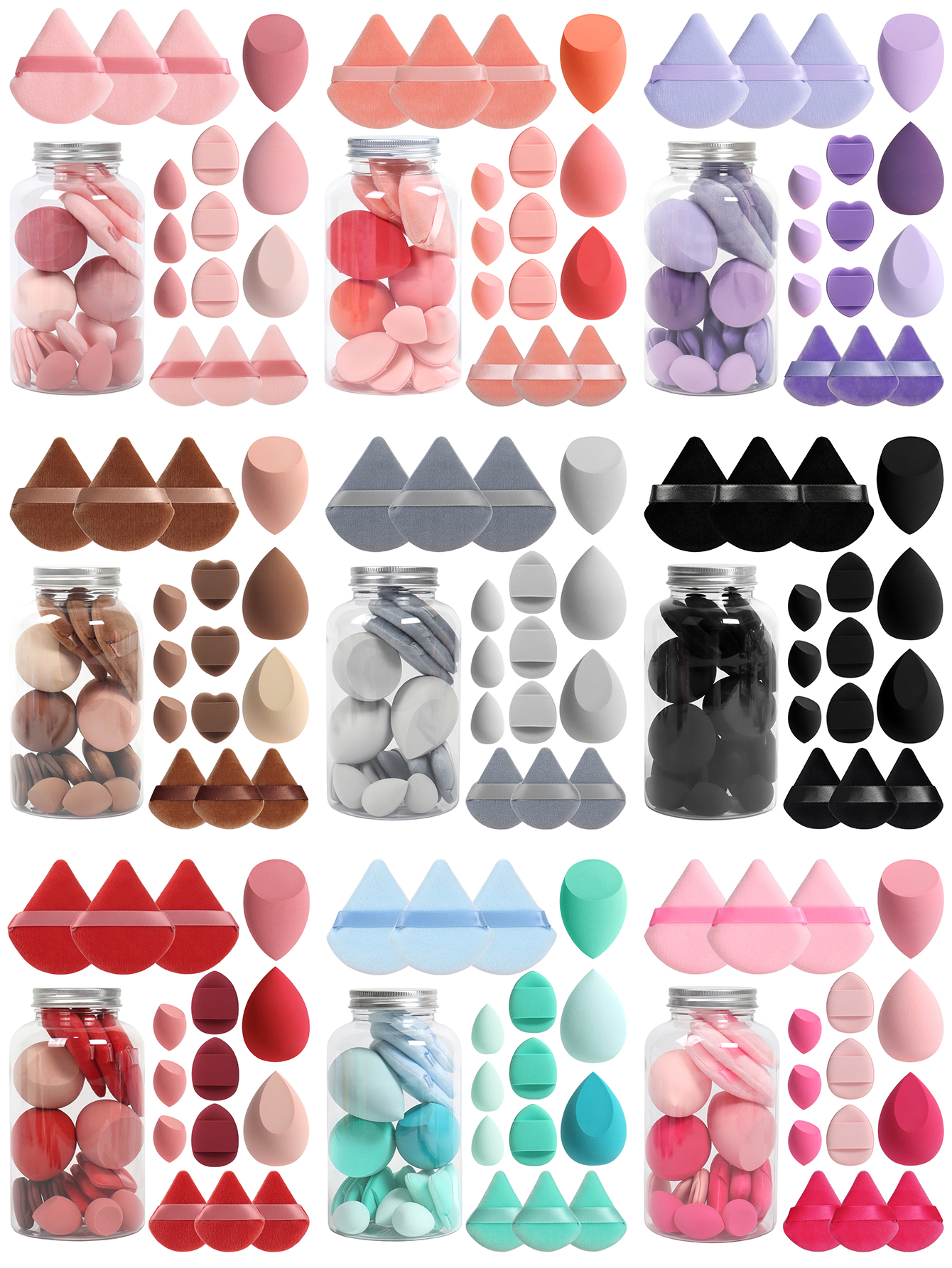 Primavera 15 latas, 3 esponjas para polvos sueltos y 3 mini esponjas para polvos sueltos y 3 mini huevos de maquillaje y 3 mini esponjas con cojín de aire, mezcla de bases