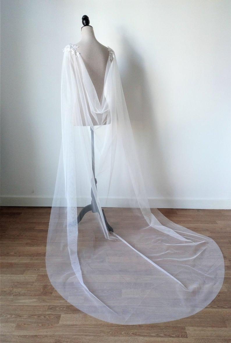 Ivory tulle wedding cloak, wedding cape veil viking wedding pagan wedding cape veil alternative wedding cape, lace wedding cloak