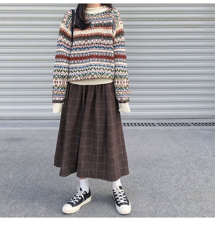 2 farben japanischen stil hohe elastische taille Lange Röcke Frau herbst Winter Plaid A-linie plissee Röcke frauen (X1078)