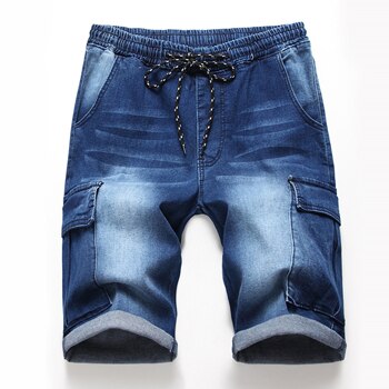 Men's Side pocket Bermuda Denim Short Men Summer Streetwear Hip hop Elastic waist Loose Cargo jeans shorts: B911 blue / XL