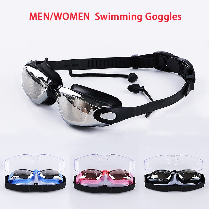 Professionele Zwembril Voor Mannen Vrouwen Siliconen Zwemmen Brillen Met Oordopjes Neusklem Galvaniseren Waterdicht Volwassen