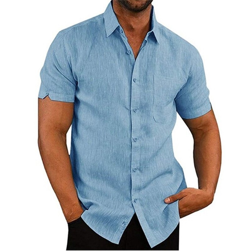 Herenoverhemden blouse korte mouw heren casual slim fit mandarijnkraag overhemden zomer strandoverhemd: Blauw / Xxxl