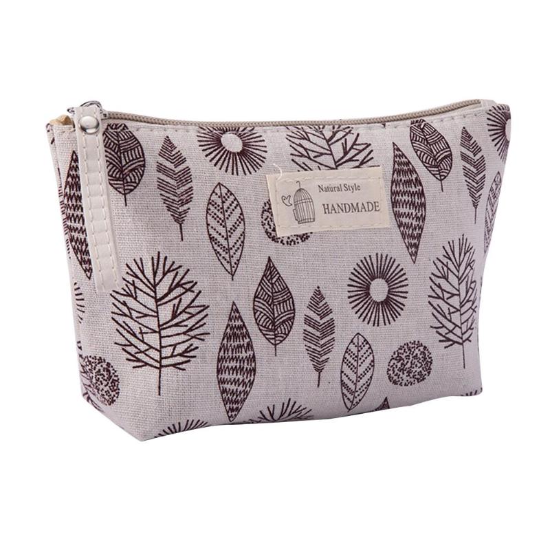 Neceser de maquillaje para mujer, kit de viaje a cuadros, bolsa para cosméticos de lienzo con cremallera impresa, bolso de teléfono, organizador, conjunto de maquillaje de belleza: Leaf