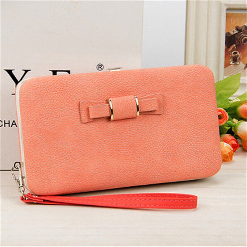 Women Bowknot Wallet Long Purse Phone Card Holder Clutch Large Capacity Pocket Female Solid PU Wallets: Pink