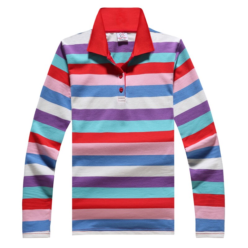 Dames klassieke pasvorm gestreept kleurrijk stretch katoenen poloshirt met omslagkraag dames poloshirts lange mouw polo femme
