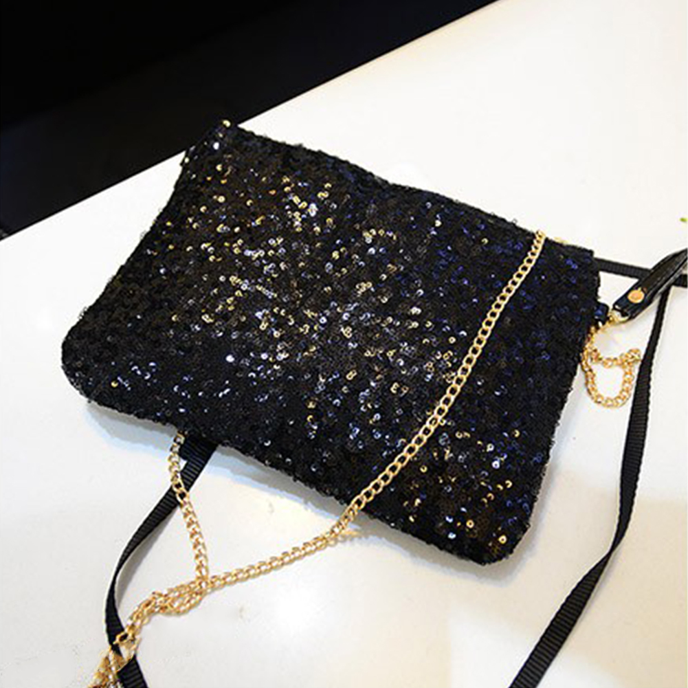 Sac à bandoulière avec sangle détachable pour femme, sac à paillettes de soirée, fermeture éclair, noir, or, argent, chaîne à paillettes, à la , #734: Black