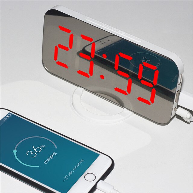 Digital led despertador snooze display tempo noite mesa de led 2 portas carregador usb para iphone android telefone alarme espel: Vit röd