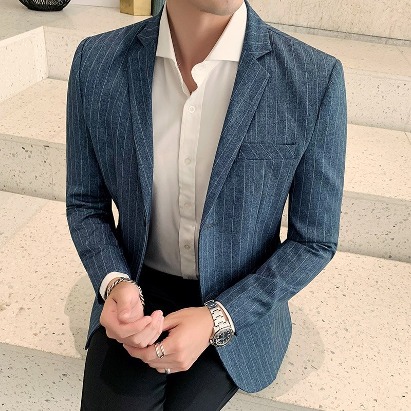 Black White Stripe Men Blazer Masculino Business Social Slim Fit Men Suit Jacket Homens Blazer Male Stylish Blazers For Men: Light Blue / Korean L