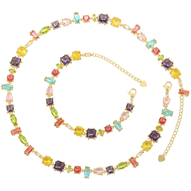 ZHUKOU 18K Golden Plated Colourful Crystals Collarbone Necklace Ladies Beaded Bracelet Ladies Jewellery:VL585 VL586