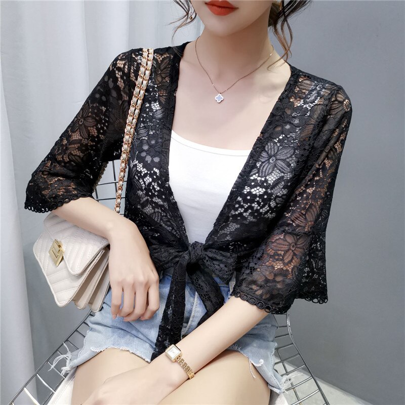 Noir blanc dentelle boléro dames fête de mariage manches évasées haussement d'épaules recadrée veste haussements d'épaules pour les femmes soirée formelle Cape de bal: Black / S
