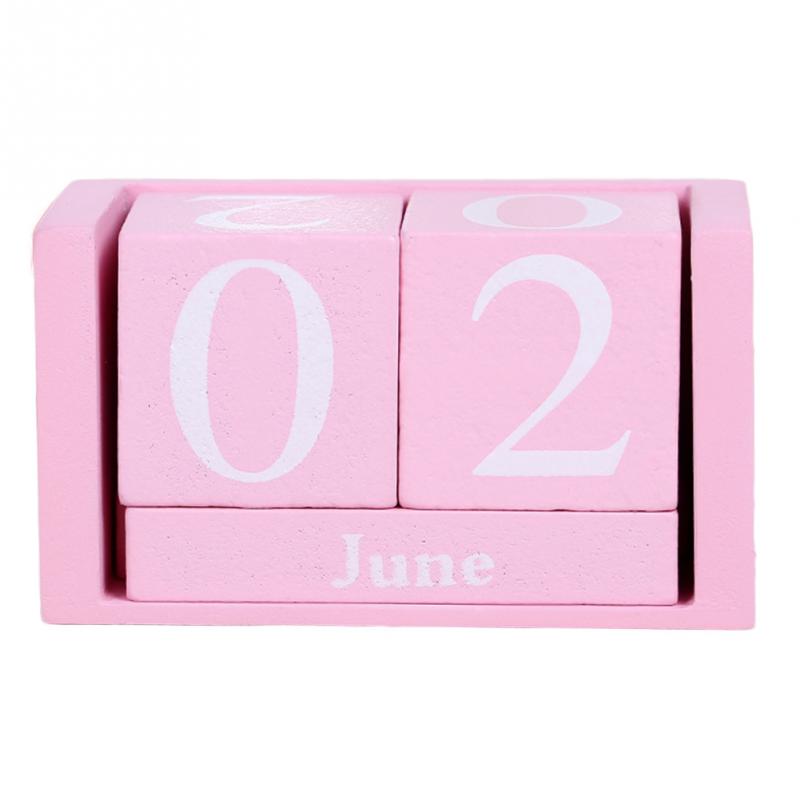Month Date Display Desk Decoration Wood Block Planner Desktop Living Room DIY Wood Calendar Reusable Home Office Decor: Pink