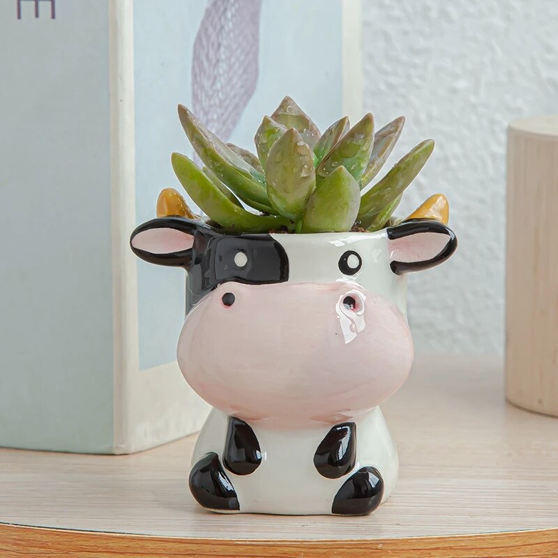 Maceta de cerámica con dibujos de animales, Mini maceta con Cabeza de Vaca, cebra, oveja, suculentas, bonsái, decoración del hogar, estilo nórdico