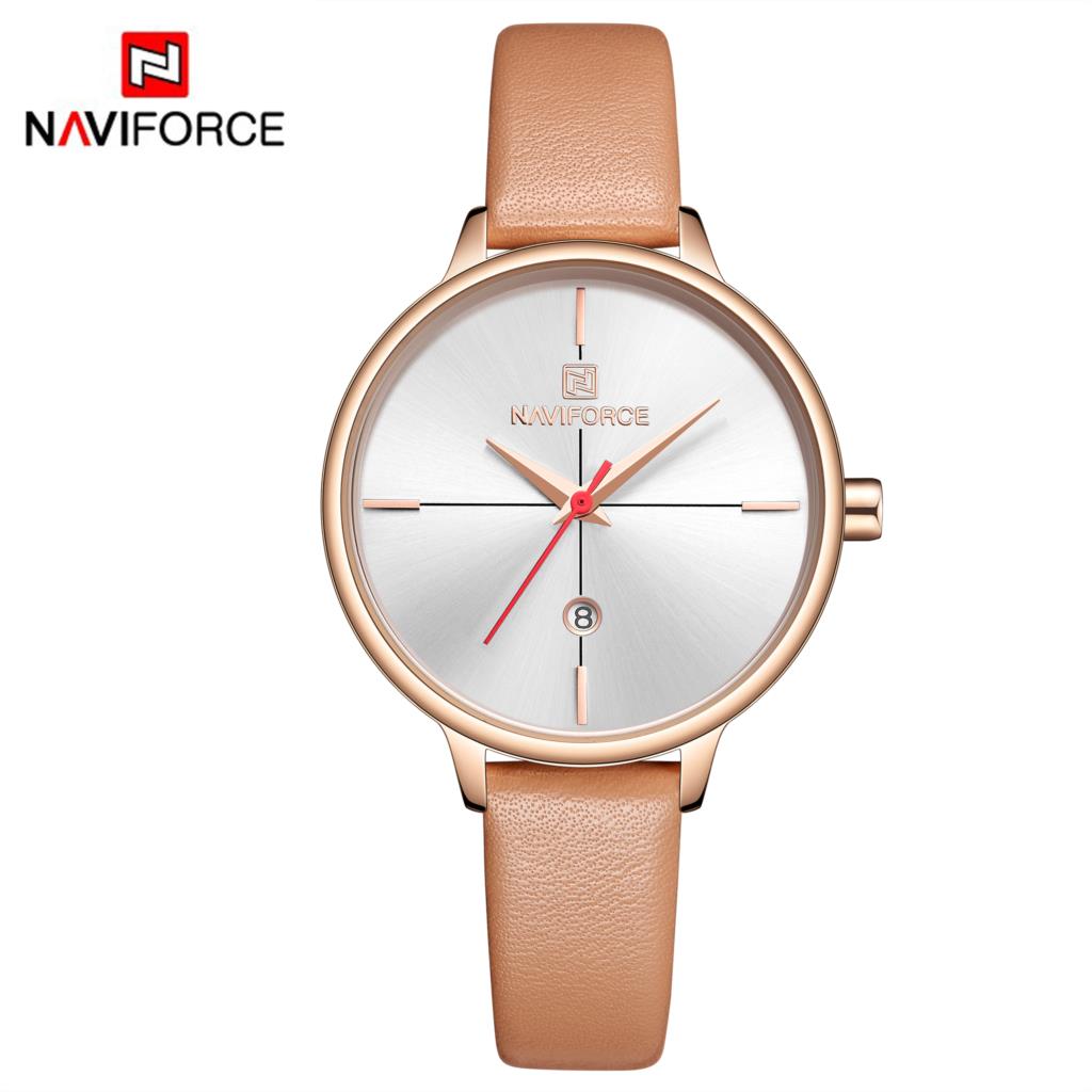 NAVIFORCE Vrouwen Horloge Mode Quartz Lady Blue PU Horlogeband Datum Casual 3ATM Waterdicht Horloge voor Meisje Vrouw Vrouw: Bruin