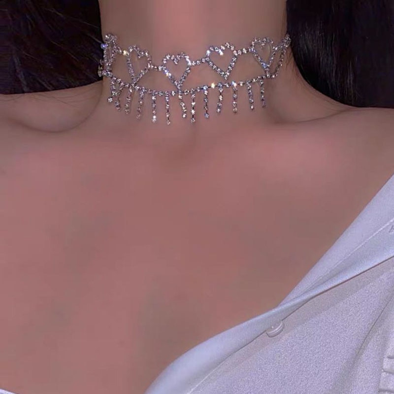 FYUAN Shine Five Heart Crystal Choker Necklaces for Women Korean Style Rhinestones Necklaces Statement Jewelry Party